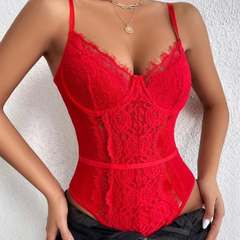 RED LACE BODYSUIT CHIC CLASSY SEXY - Picture 1 of 6